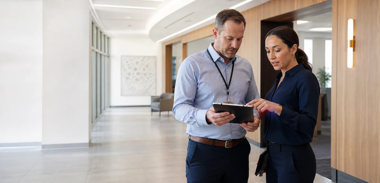 Two facility professionals reviewing a tablet in a clean commercial hallway