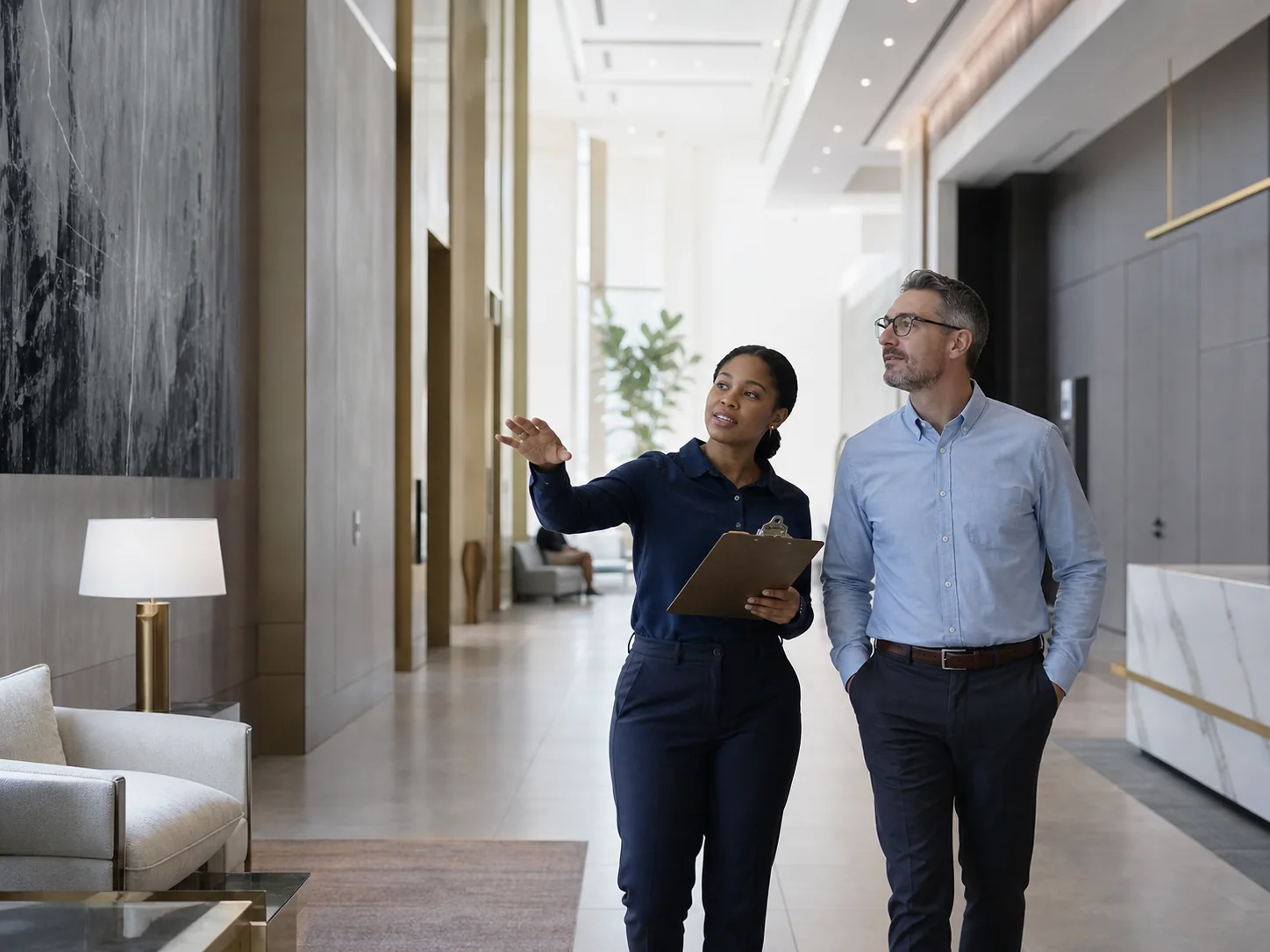 Two facility professionals reviewing details during a building walkthrough