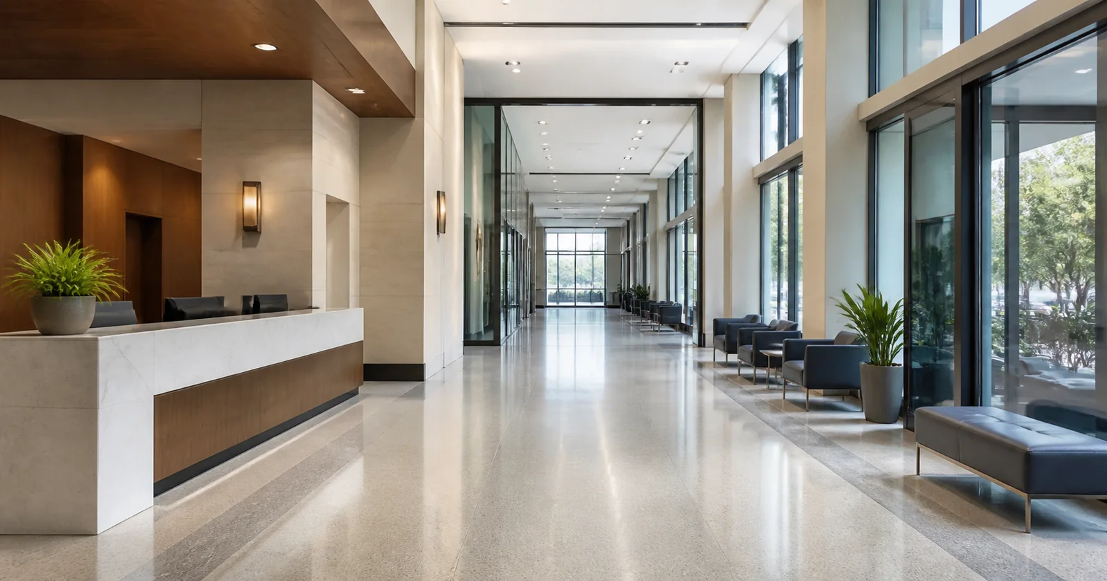 Bright public-facing facility lobby with durable floors and a reception desk
